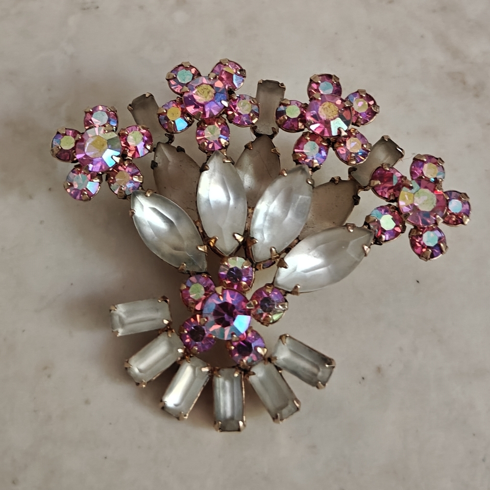 Elegant Signed Pierre Floral Bouquet Crystal Brooch